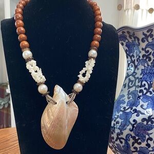 Handcrafted Pearl & Shell Pendant Necklace in Iridescent Pink